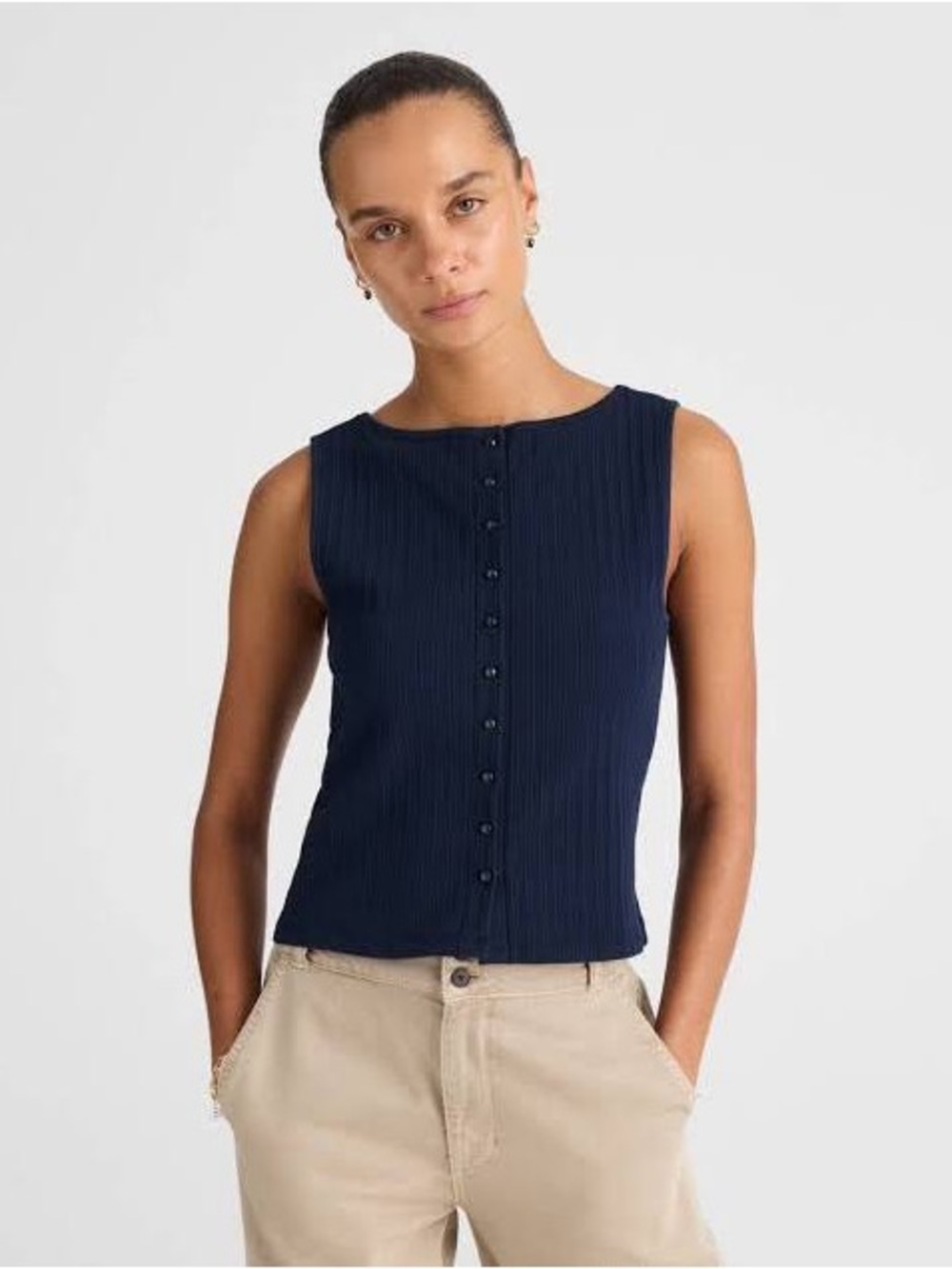 Madewell Sleeveless Ribbed Button-Front Top - Navy
